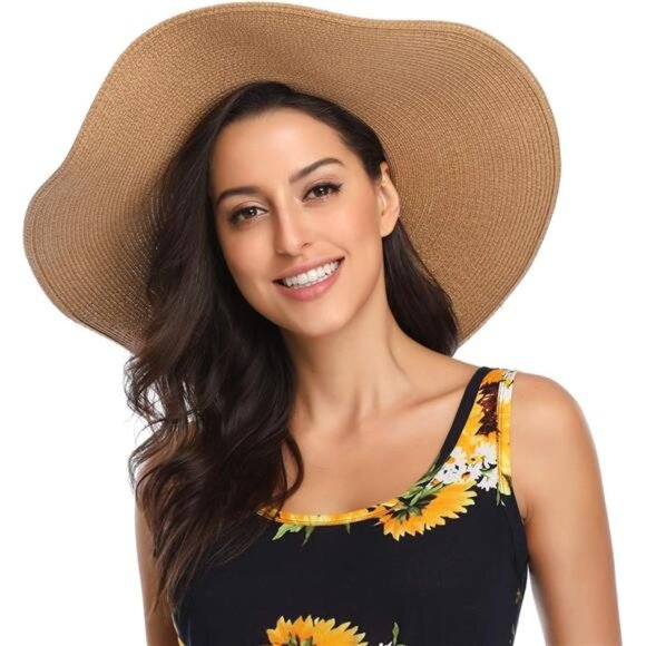 Womens Wide Brim Straw Hat Big Floppy Foldable Roll up Cap Beach Sun Hat UPF 50+ main image 5
